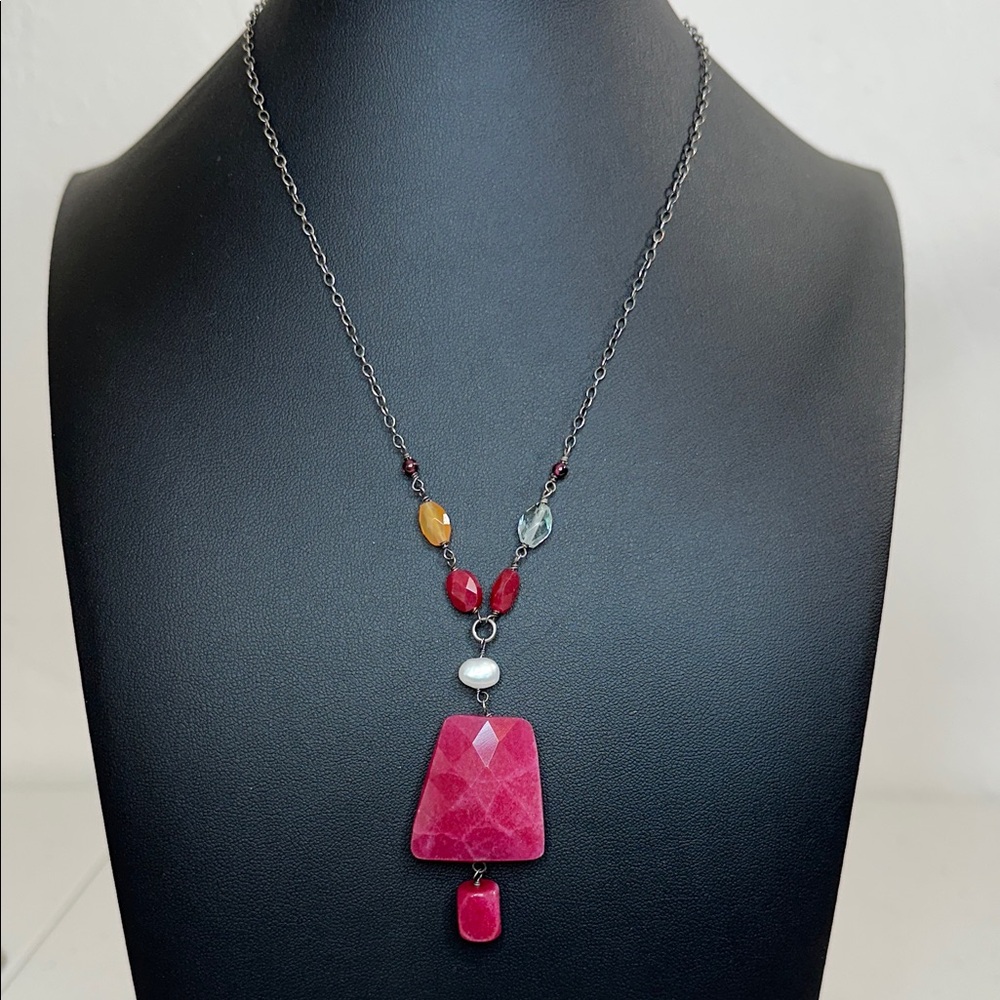 Ruby Jade, Garnet, Carnelian & Blue Topaz Sterling Silver Vintage Necklace